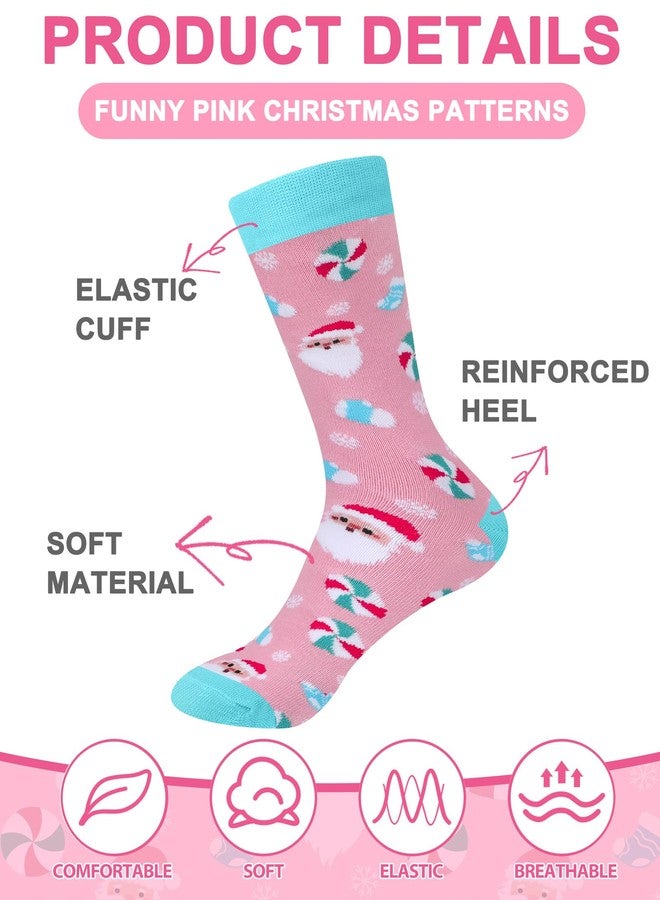 Croloose 6 Pairs Pink Christmas Socks for Women Girls Fun Santa Gnome Nutcracker Snowflake Cotton Xmas Stocking Socks(Crew Style) - Image 3